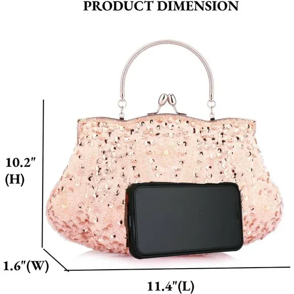 𝅺BEADED Sequin Flower Clutch Bag Champagne - Picture 2 of 8